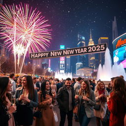 A vibrant and festive New Year's Eve celebration in a city square, featuring colorful fireworks lighting up the night sky