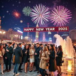 A vibrant and festive New Year's Eve celebration in a city square, featuring colorful fireworks lighting up the night sky
