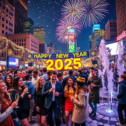A vibrant and festive New Year's Eve celebration in a city square, featuring colorful fireworks lighting up the night sky
