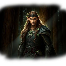 A regal forest elf king standing majestically in a dark, enchanted forest