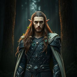 A regal forest elf king standing majestically in a dark, enchanted forest