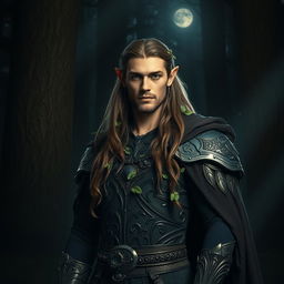 A regal forest elf king standing majestically in a dark, enchanted forest