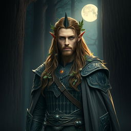 A regal forest elf king standing majestically in a dark, enchanted forest