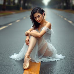 A beautiful ballerina girl with long, slender legs and a slim waist, having curly black hair and striking brown eyes