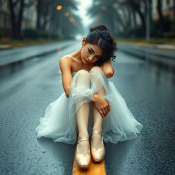 A beautiful ballerina girl with long, slender legs and a slim waist, having curly black hair and striking brown eyes