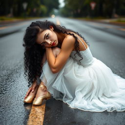 A beautiful ballerina girl with long, slender legs and a slim waist, having curly black hair and striking brown eyes