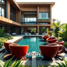 A large and modern house designed to resemble a trendy coffee shop, featuring sleek architecture and warm wooden accents