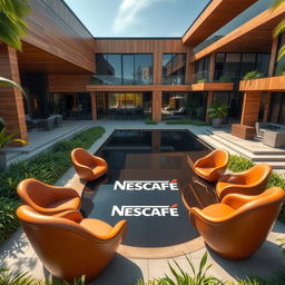 A large and modern house designed to resemble a trendy coffee shop, featuring sleek architecture and warm wooden accents