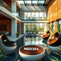 A large and modern house designed to resemble a trendy coffee shop, featuring sleek architecture and warm wooden accents