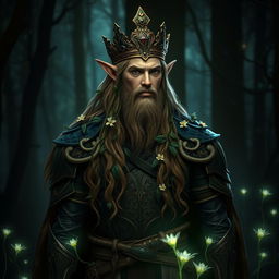 A majestic forest elf king standing nobly in a dark forest, adorned with a beautiful crown that gleams subtly in the low light