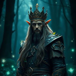 A majestic forest elf king standing nobly in a dark forest, adorned with a beautiful crown that gleams subtly in the low light