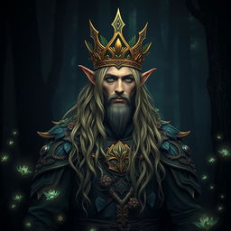 A majestic forest elf king standing nobly in a dark forest, adorned with a beautiful crown that gleams subtly in the low light