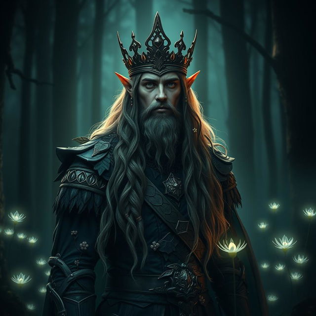 A majestic forest elf king standing nobly in a dark forest, adorned with a beautiful crown that gleams subtly in the low light