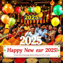 A vibrant and festive New Year's celebration scene featuring a colorful display of spices, symbolizing the essence of Samagi Spice Exports (Pvt) Ltd