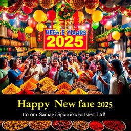 A vibrant and festive New Year's celebration scene featuring a colorful display of spices, symbolizing the essence of Samagi Spice Exports (Pvt) Ltd