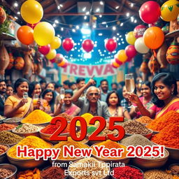 A vibrant and festive New Year's celebration scene featuring a colorful display of spices, symbolizing the essence of Samagi Spice Exports (Pvt) Ltd