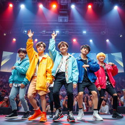 A dynamic group portrait of a popular South Korean boy band, known for their powerful performances and trendy fashion, performing on stage