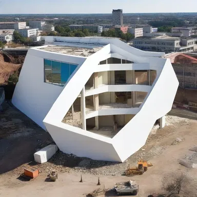 The new building was abnormally shaped, with diagonal walls and irregularly placed windows.
