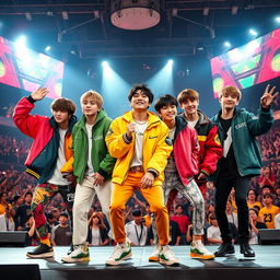 A dynamic group portrait of a popular South Korean boy band, known for their powerful performances and trendy fashion, performing on stage