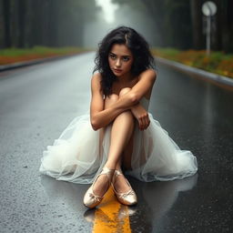 A stunning ballerina girl with long, beautiful legs and a slim waist, featuring curly black hair and captivating brown eyes