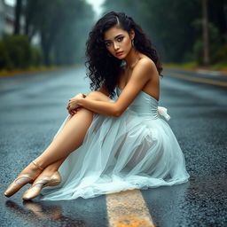 A stunning ballerina girl with long, beautiful legs and a slim waist, featuring curly black hair and captivating brown eyes