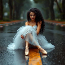A stunning ballerina girl with long, beautiful legs and a slim waist, featuring curly black hair and captivating brown eyes