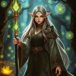 A stunning female elf wizard, dressed in an elaborate, flowing robe adorned with magical symbols and intricate patterns, holding a glowing staff that radiates magical energy