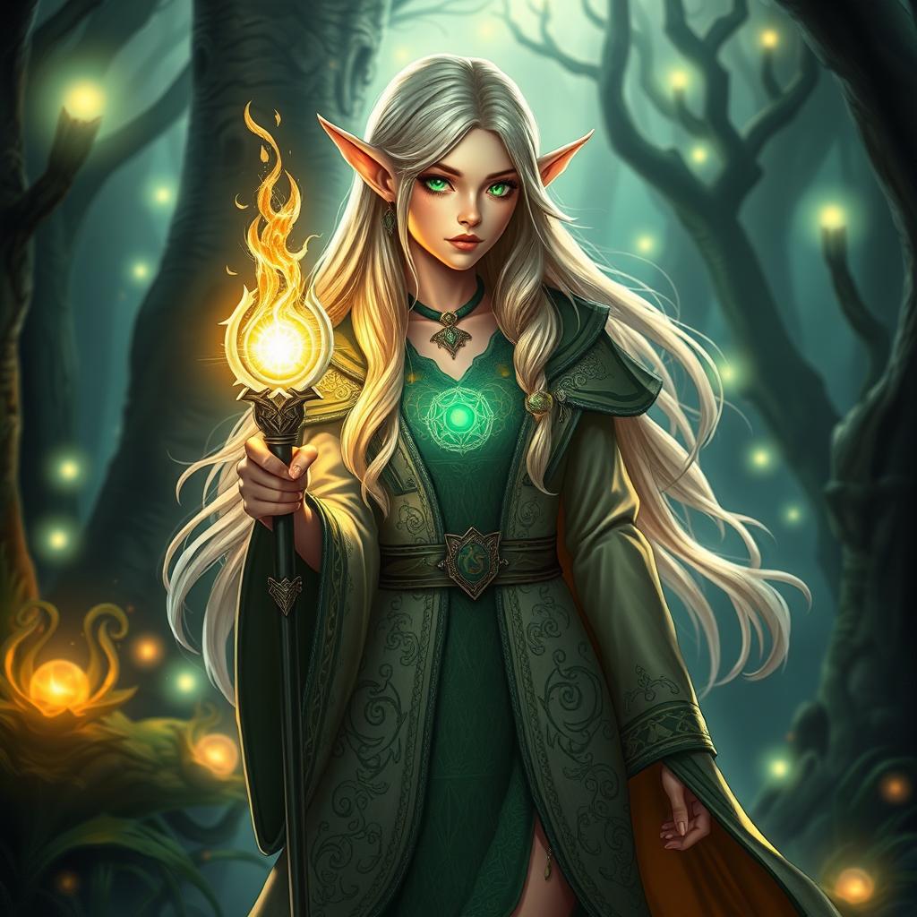 A stunning female elf wizard, dressed in an elaborate, flowing robe adorned with magical symbols and intricate patterns, holding a glowing staff that radiates magical energy