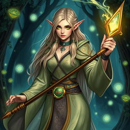 A stunning female elf wizard, dressed in an elaborate, flowing robe adorned with magical symbols and intricate patterns, holding a glowing staff that radiates magical energy