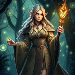 A stunning female elf wizard, dressed in an elaborate, flowing robe adorned with magical symbols and intricate patterns, holding a glowing staff that radiates magical energy