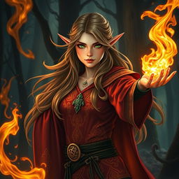 A captivating female elf wizard, confidently controlling vibrant flames swirling from her outstretched hand, showcasing her mastery of fire magic