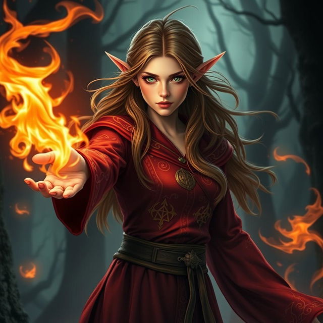 A captivating female elf wizard, confidently controlling vibrant flames swirling from her outstretched hand, showcasing her mastery of fire magic