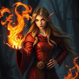 A captivating female elf wizard, confidently controlling vibrant flames swirling from her outstretched hand, showcasing her mastery of fire magic