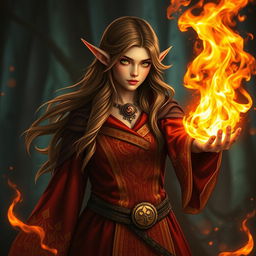 A captivating female elf wizard, confidently controlling vibrant flames swirling from her outstretched hand, showcasing her mastery of fire magic