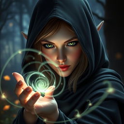 A mesmerizing female elf wizard, cloaked in a dark, flowing hooded robe that partially conceals her face, revealing only her striking green eyes that glimmer with magical energy