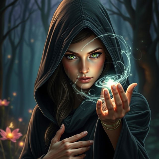 A mesmerizing female elf wizard, cloaked in a dark, flowing hooded robe that partially conceals her face, revealing only her striking green eyes that glimmer with magical energy