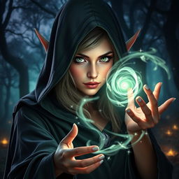 A mesmerizing female elf wizard, cloaked in a dark, flowing hooded robe that partially conceals her face, revealing only her striking green eyes that glimmer with magical energy