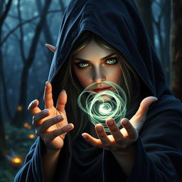 A mesmerizing female elf wizard, cloaked in a dark, flowing hooded robe that partially conceals her face, revealing only her striking green eyes that glimmer with magical energy