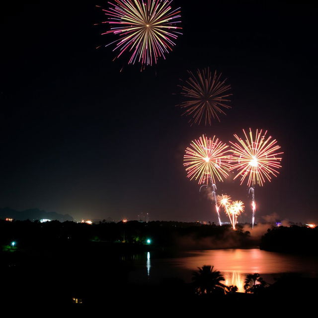 A breathtaking view of a night sky in Bangladesh on the 31st night, filled with vibrant and colorful lights from fireworks illuminating the dark sky