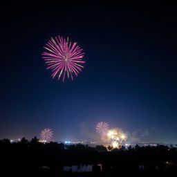 A breathtaking view of a night sky in Bangladesh on the 31st night, filled with vibrant and colorful lights from fireworks illuminating the dark sky