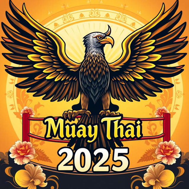 A powerful and inspiring design for the year 2025, featuring a magnificent Garuda, symbolizing strength and freedom, intertwined with the name 'Muay Thai'