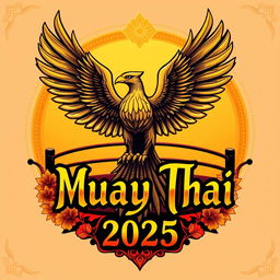 A powerful and inspiring design for the year 2025, featuring a magnificent Garuda, symbolizing strength and freedom, intertwined with the name 'Muay Thai'