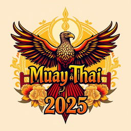 A powerful and inspiring design for the year 2025, featuring a magnificent Garuda, symbolizing strength and freedom, intertwined with the name 'Muay Thai'