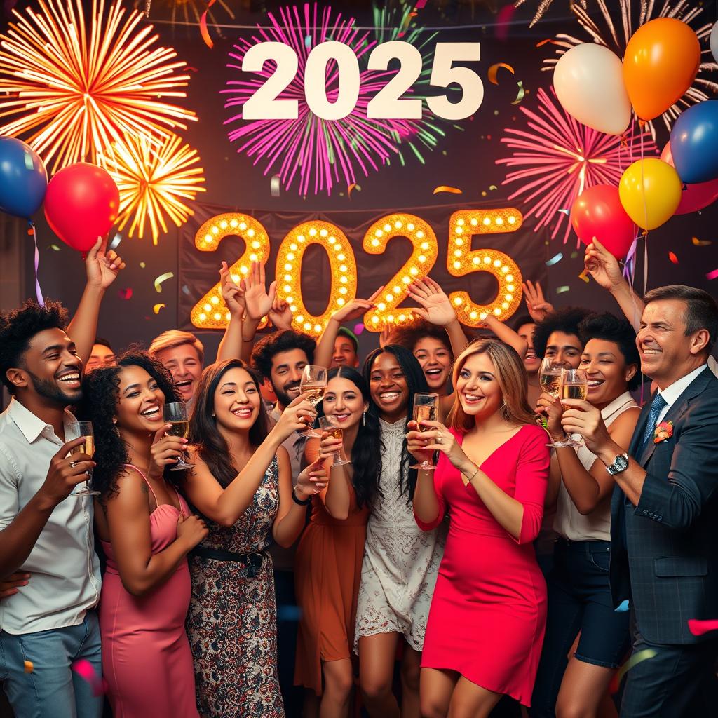 A vibrant and festive celebration scene for New Year 2025, showcasing a diverse group of people of different ethnicities and ages joyfully celebrating together