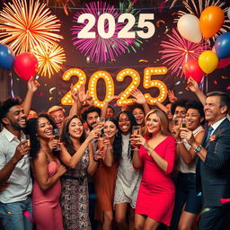 A vibrant and festive celebration scene for New Year 2025, showcasing a diverse group of people of different ethnicities and ages joyfully celebrating together