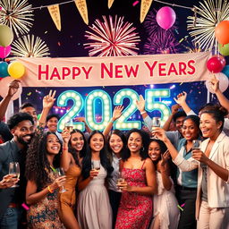 A vibrant and festive celebration scene for New Year 2025, showcasing a diverse group of people of different ethnicities and ages joyfully celebrating together