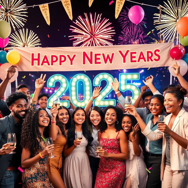 A vibrant and festive celebration scene for New Year 2025, showcasing a diverse group of people of different ethnicities and ages joyfully celebrating together