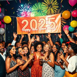A vibrant and festive celebration scene for New Year 2025, showcasing a diverse group of people of different ethnicities and ages joyfully celebrating together