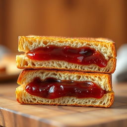 A close-up view of two slices of golden-brown toasted bread, perfectly aligned with a generous layer of vibrant red date jam spread evenly in between