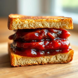 A close-up view of two slices of golden-brown toasted bread, perfectly aligned with a generous layer of vibrant red date jam spread evenly in between